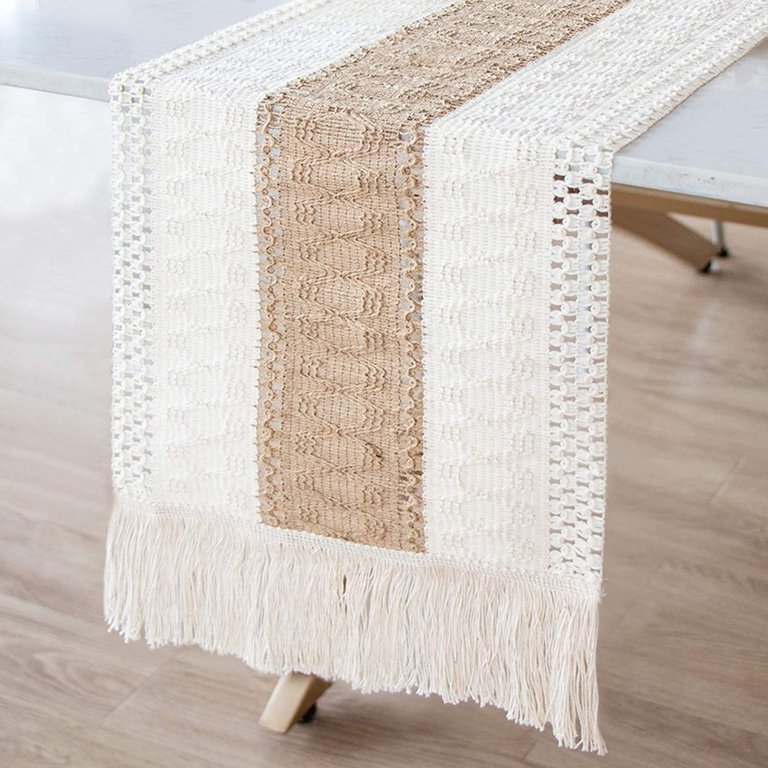 DeZerlor Farmhouse Table Runner – 13x48" Boho Beige Braided Striped Runner With Tassels For Fall & Holiday Dining