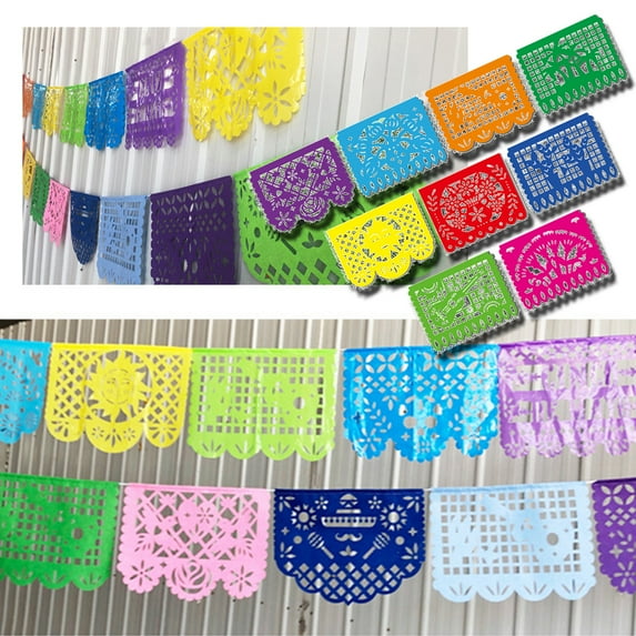 Travelwant Mexican Party Banners Large Plastic Papel Picado Fiesta Plastic Banners Día de Los Muertos Decor Doilies and Decorative Placemat Multi Purpose 216 54''