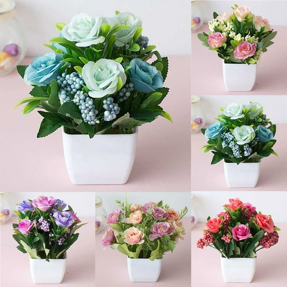 Travelwant Mini Potted Artificial Rose Flowers, Fake Silk Rose Flowers in Plastic Pot for Home Office Desktop Decoration