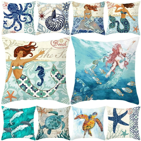 Travelwant Ocean Theme Decorative Throw Pillow Cover 18x18, Turtle Seahorse Throw Pillows Linen Mediterranean Ocean Coastal Beach Outdoor Pillow Cushion Cases for Patio Couch Sofa Bed Decor