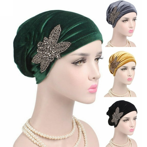 Travelwant Operation Women's Stretch Velvet Turban Hat Cancer Chemo Beanie Beaded Flower Hair Wrap Cap Headwear