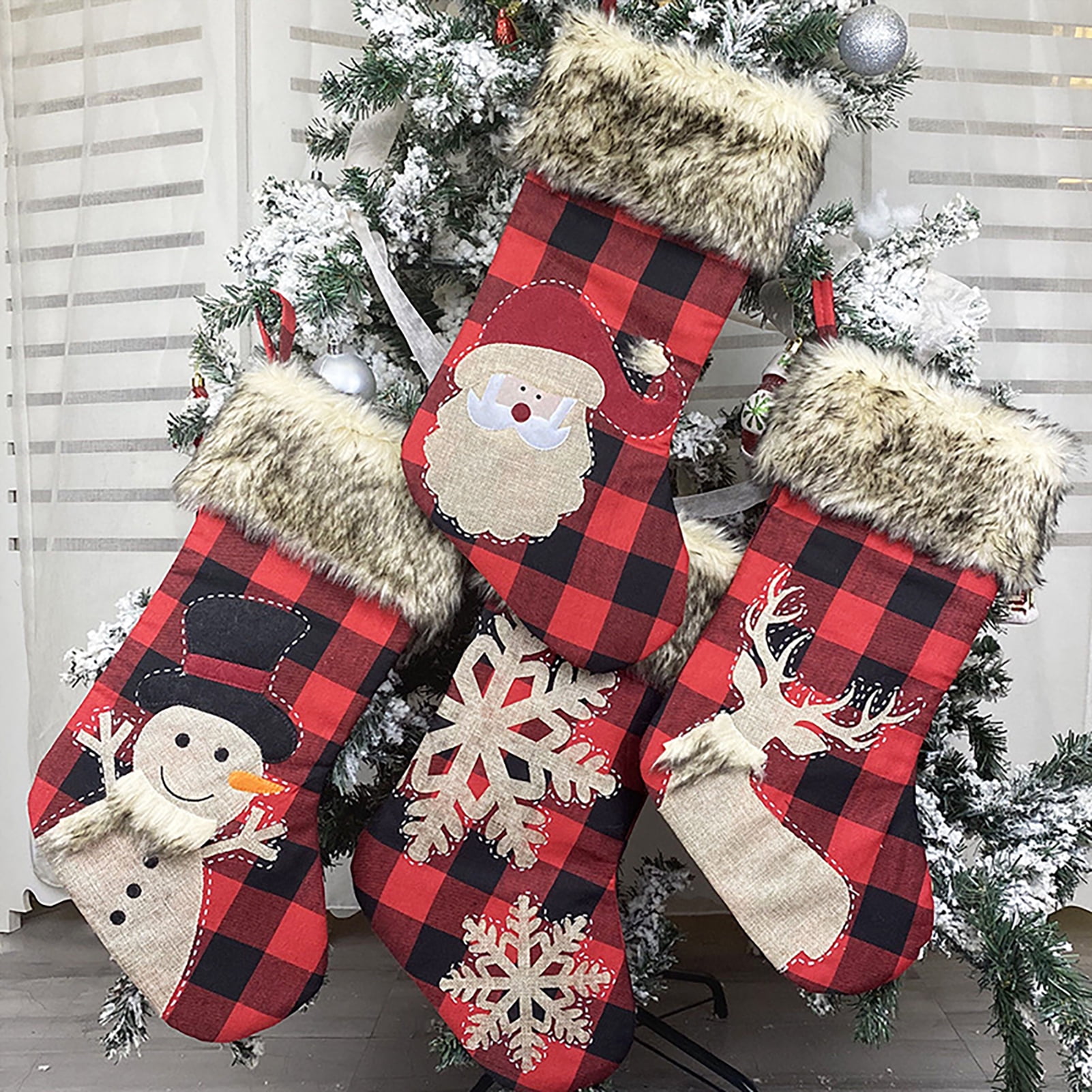 Buffalo Plaid Christmas Stockings Set Of 5 - Large Red & Black Stockings For Mantel Decor
