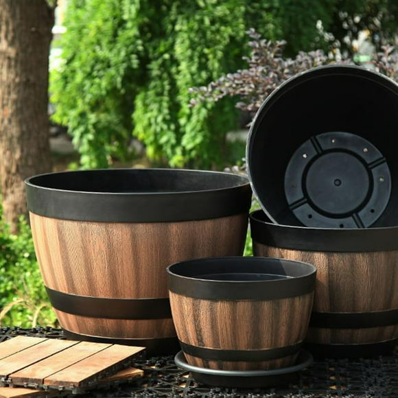 Travelwant Plant Pots with Drainage Holes & Saucer,Decoration Flower Pots Canbe Used for Indoor Outdoor.Resin Whiskey Barrel Planters Imitation Wooden Barrel Design