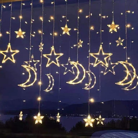 Travelwant Star Solar Lights Outdoor Solar Powered Curtain Lights Window Lights Solar Led String Lights Twinkle Star Moon Fairy Lights for Backyard Garden Patio Home