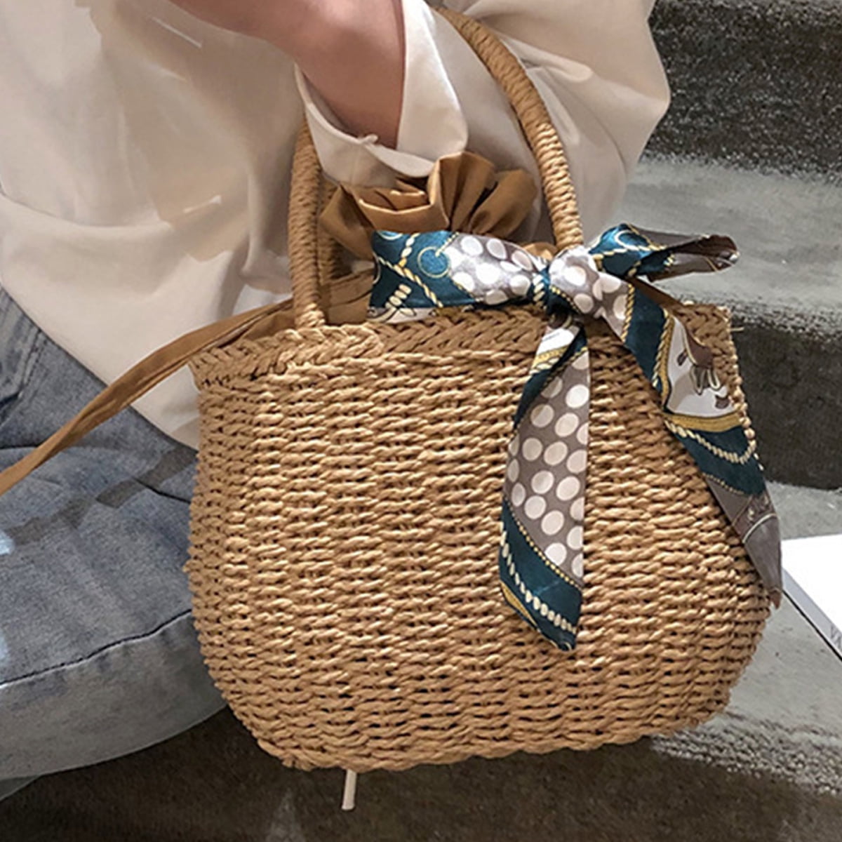 Travelwant Straw Bags for Women Hand woven Straw Small Hobo Bag Round Handle Ring Tote Retro Summer Beach Rattan bag