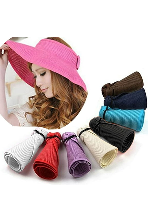 Sun Visor Hats for Women Wide Brim Straw Roll Up Ponytail Summer Beach Hat UV UPF Packable Foldable Travel
