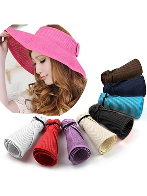 Sun Visor Hats for Women Wide Brim Straw Roll Up Ponytail Summer Beach Hat UV UPF Packable Foldable Travel