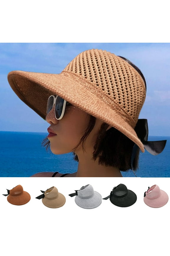 Foldable Wide Brim Straw Hats Sun Visors for Women, Bow Beach Hat Summer