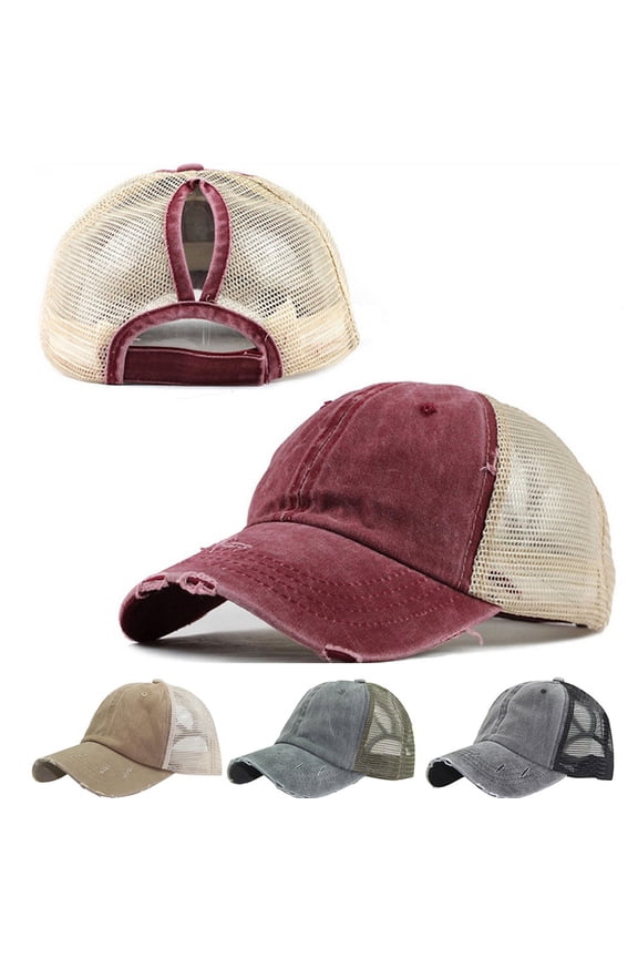 Washed Distressed Cotton Denim Ponytail Hat Adjustable Baseball Cap