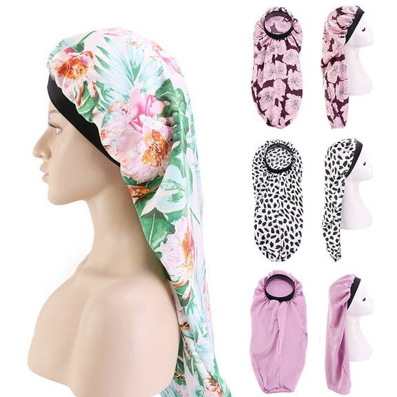 Travelwant Women Floral Satin Long Tail Bonnet Night Sleeping Cap Head Cover Hair Care Hat