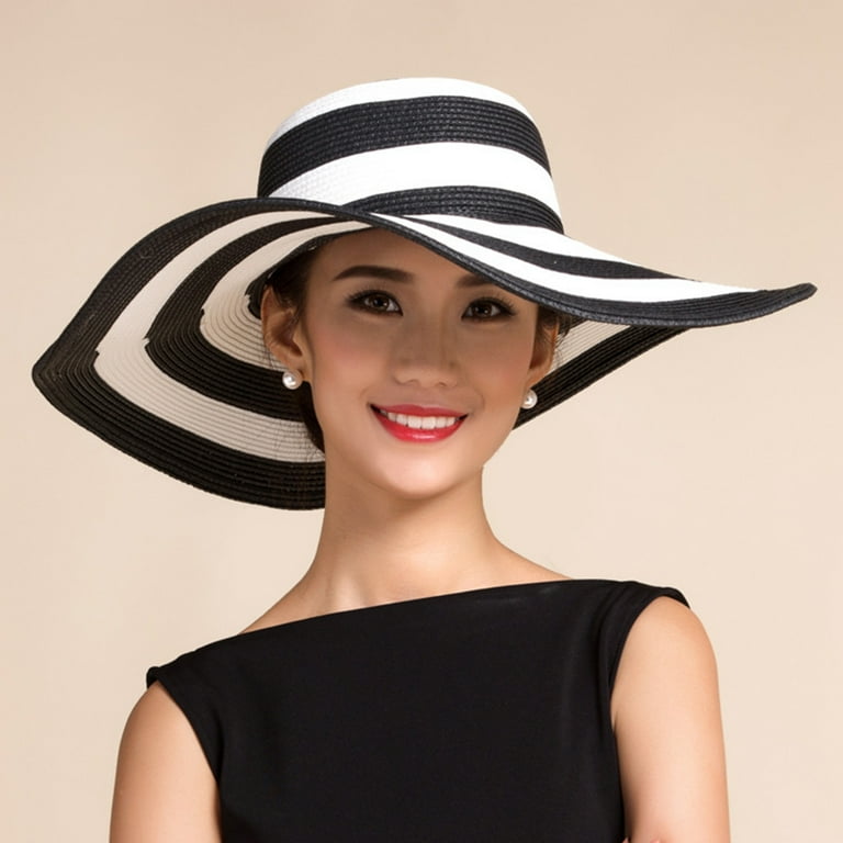Travelwant Women Girls Black White Striped Straw Hat Foldable
