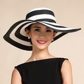 Travelwant Women Girls Black White Striped Straw Hat Foldable Floppy Wide Brim Beach Hat Sun Visor Cap Roll up Sun Hat