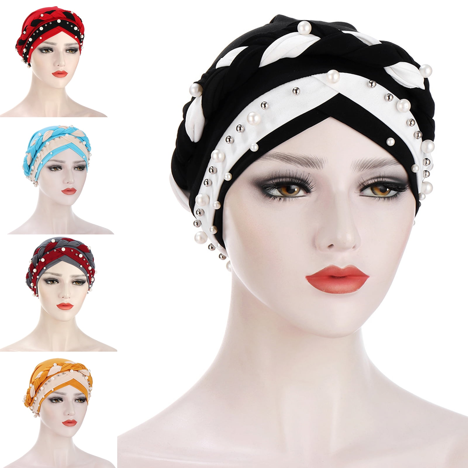 Travelwant Women Hijab Beading Pearl Braid Turban Hat Head Scarf