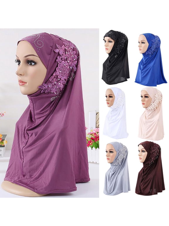 Women One Piece Muslim Hijab Lace Applique Head Wrap Scarf Shawl with Rhinestones