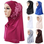 Travelwant Women Solid Color Lace Glittering Rhinestone Muslim Hijab Wrap Islamic Scarf Cap Head Cover