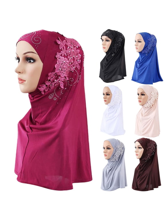 Women Solid Color Lace Glittering Rhinestone Muslim Hijab Wrap Islamic Scarf Cap Head Cover
