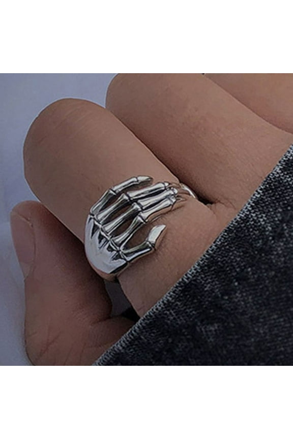 Women Stainless Steel Ring Band Silver Tone Black Skull Hand Bone