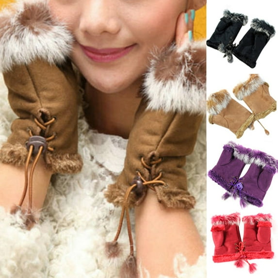 Travelwant Women Teen Classic Winter Warm Rabbit Fur Hands Wrist Fingerless Gloves Mittens Womens Gloves Faux Fur Winter Warm Mittens Half Finger Suede Leather Short Gloves Christmas Gift