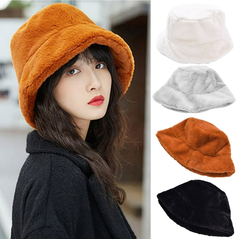 Travelwant Women Winter Plush Bucket Hat Warm Solid Color Faux Fur