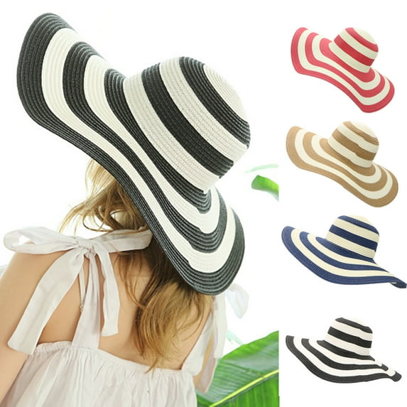 Travelwant Women's Beachwear Sun Hat Black and White Striped Straw Hat Floppy Beach Hat Foldable Wide Brim Cap