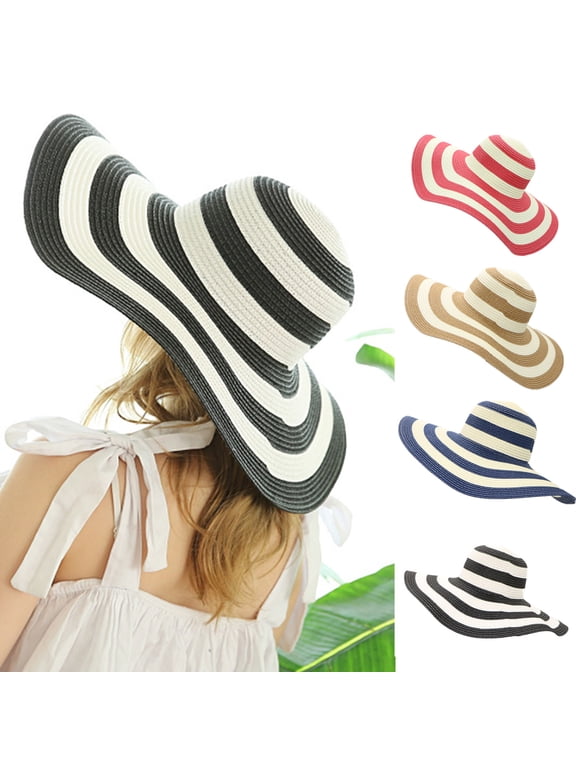 Women's Beachwear Sun Hat Black and White Striped Straw Hat Floppy Beach Hat Foldable Wide Brim Cap