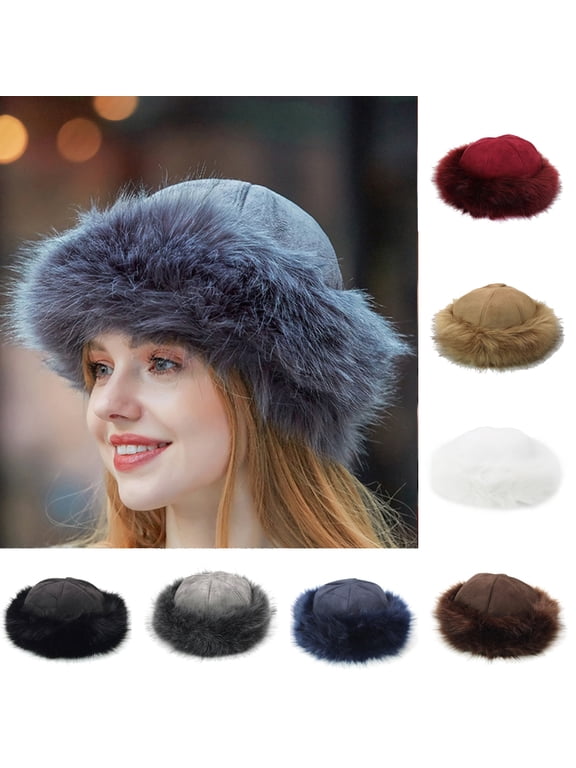 Women's Faux Fur Hat for Winter with Stretch Cossack Russian Style White Warm Cap Mongolian Faux Fur Suede Fluffy Beanie Warm Thick Hat Snow Cap