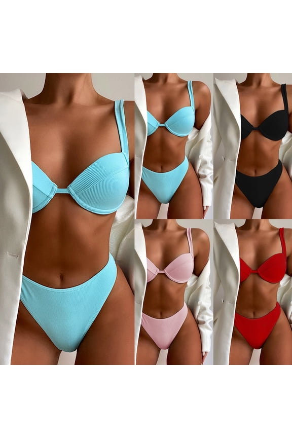 Women's Ribbed Underwire Bikini High Cut Bikini V Notch Smocked Swimwear Butterfly Print High Leg Bikini Swimsuit