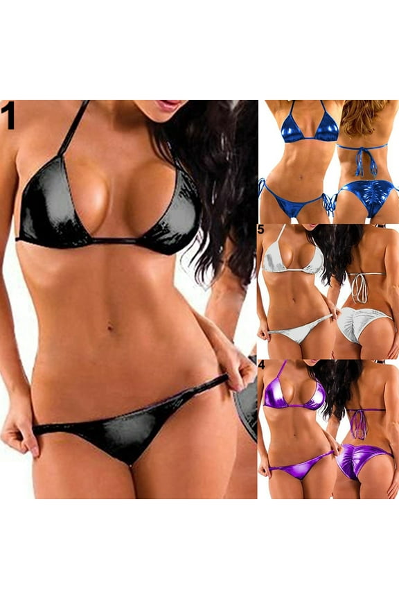 Women's Women's Metallic Halter Top Two Piece Swimsuit Tie Side Triangle Bikini Women's Liquid Metallic Rainbow Bikini Sets Shiny String Padded Triangle 2 Pieces Swimsuit