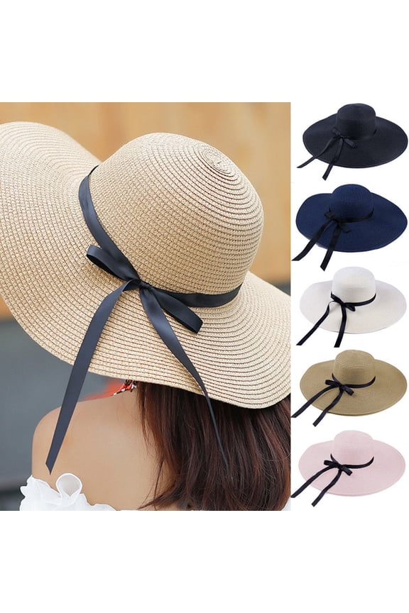 Womens Big Bowknot Straw Hat Large Floppy Foldable Roll up Beach Cap Sun Hat Summer UV Beach Cap