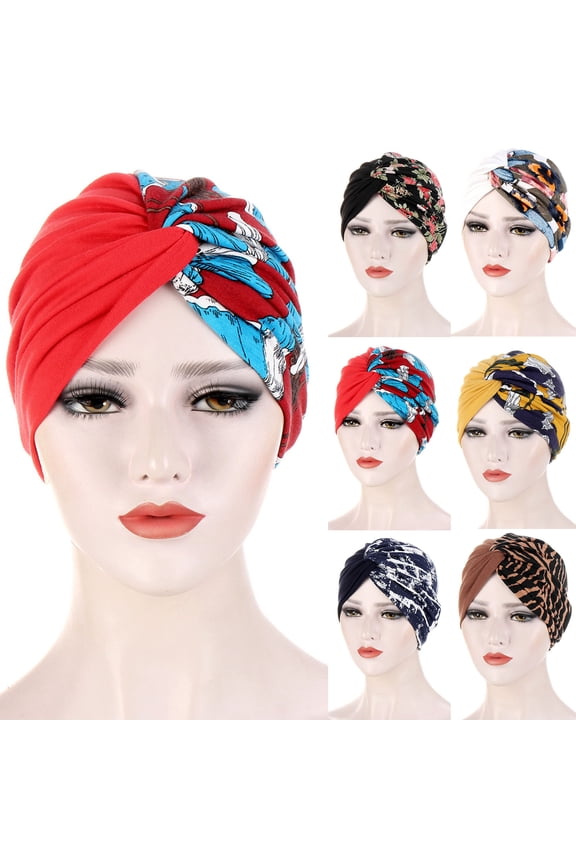 Womens Floral Print Cotton Turban Hat Cap Hair Wrap Soft Pleated Chemo Sleep Cap with Cancer Hair Loss