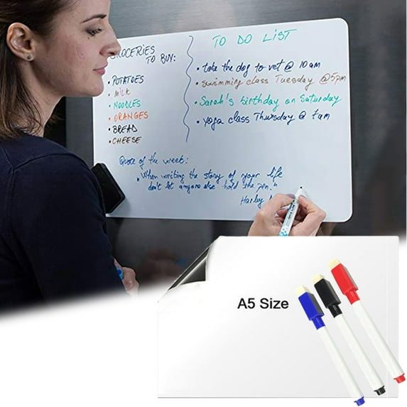 Travelwant A5 Dry Erase Sticky White Board Sheet, Self-Adhesive Removable Sticker with Stain Resistance Technology -3 Whiteboard Markers, Erasable Weekly Planner and Eraser Included