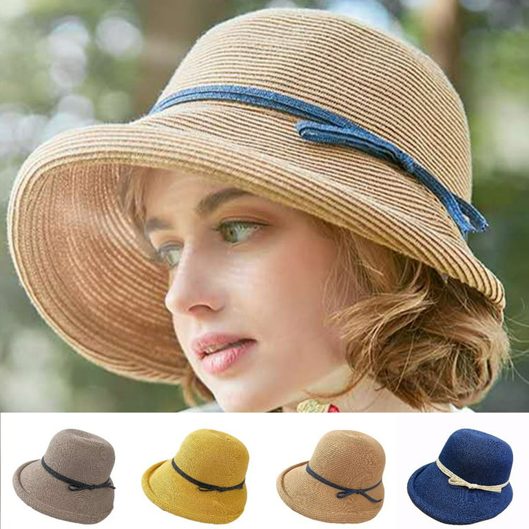Women Foldable Rope Bucket Hat Large Wide Brim Fedoras Cap Beach Summer Sun  Hats