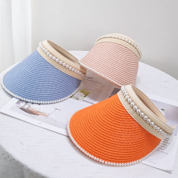 Travelwnat Women's Visor Beach Hat Packable Straw Hat Summer Straw Sun Hat with Decoration Pearl