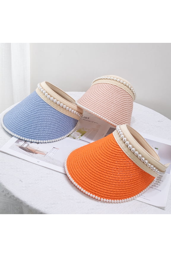Women's Visor Beach Hat Packable Straw Hat Summer Straw Sun Hat with Decoration Pearl