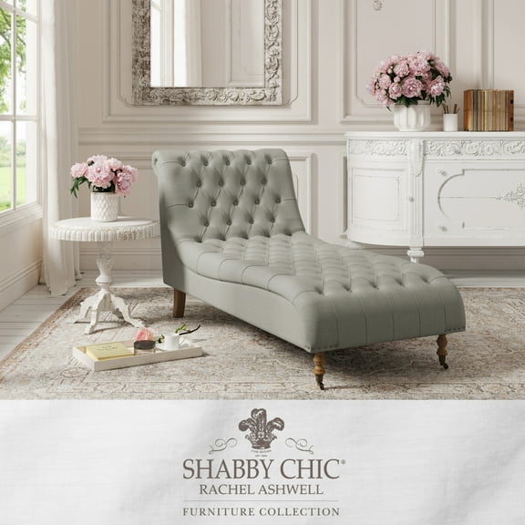 Traver Rectangular Linen Upholstered Tufted Chaise Plywood Lounge Wheel Caster Bedroom, Grey