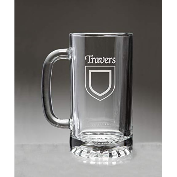 Travers Irish Coat of Arms Glass Beer Mug (Sand Etched)