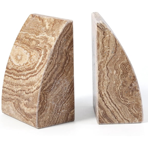 Travertine Bookends for Shelves, Large Stone Bookends for Heavy Books, Non-Slip Heavy Duty Book Stopper for CD/Movies, Aesthetic Decorative Book Ends for Bookshelf Table Home Decor(Brown)