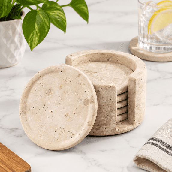 Travertine Coasters Set Of 6 With Holder Stone Drink Coaster - Walmart.com