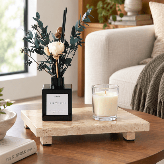 Travertine Decorative Stone Tray, 9.8" x 5.9" x 1.6", Hand-Finished Marble Riser for Bathroom and Kitchen