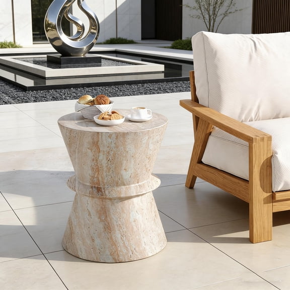 Travertine Finish Concrete Side Table Lightweight Indoor Outdoor Accent Table, Natural Stone Look with Modern Design Perfect for Patio, Garden, Living Room, Deck