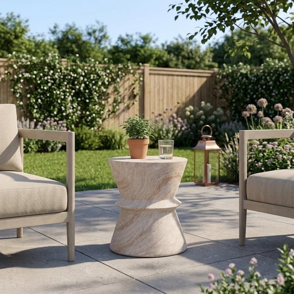 Travertine Finish Concrete Side Table - Lightweight Indoor/Outdoor Accent Table