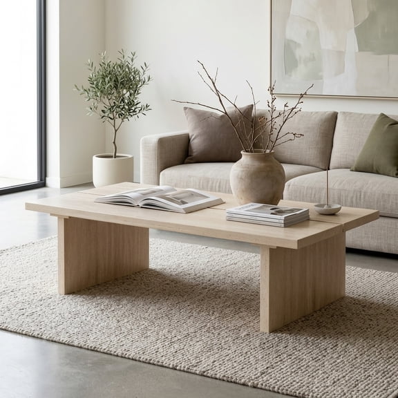 Travertine Look Coffee Table with Split Top - Modern Beige Stone Rectangular Cocktail Table