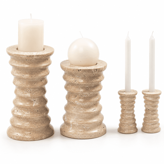 Travertine Marble Candlestick Holders Waist-travertine Set of 2 Multi-purpose for Taper Pillar Tealight Scented Candles