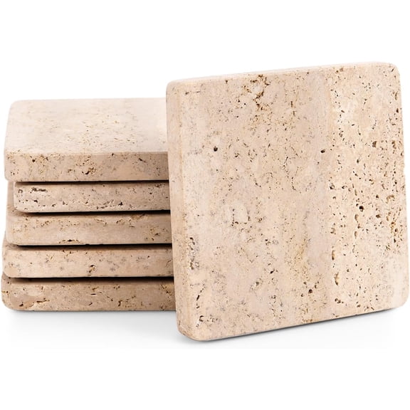 Radicaln Marble Coasters Set of 6 Handmade 3.5 inch Travertine Square Coasters for Drinks, Ideal Coaster Set for Dining and Coffee Tables Décor