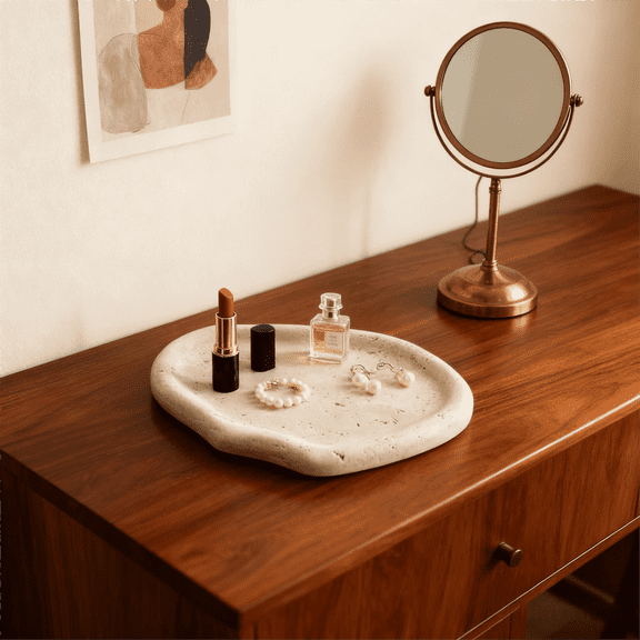 Travertine Marble Irregular Tray - Natural Stone Storage Canisters for Bathroom Vanity Dresser, Jewelry & Daily Items Organizer, Elegant Home Decor