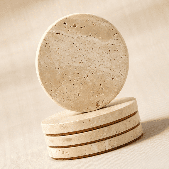 Travertine Marble Round Stone Drink Coasters, Beige, Set of 4
