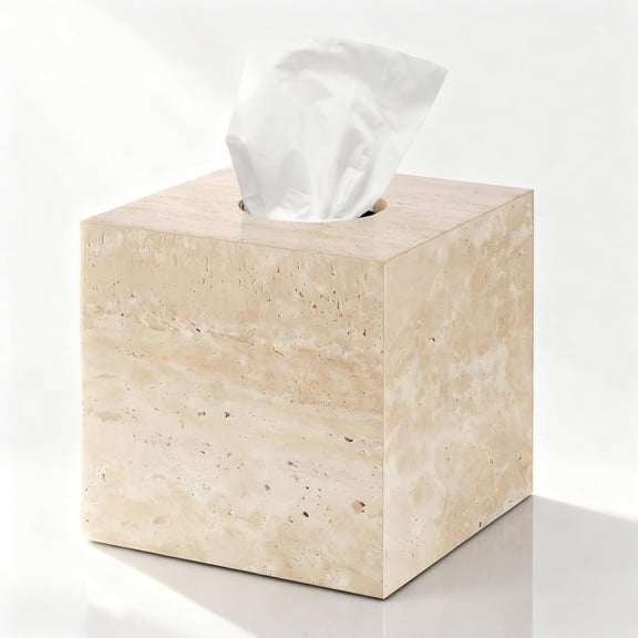 Travertine Marble Tissue Box Holder  Square Cube Design with Open Bottom, Beige, 5.5 Inch