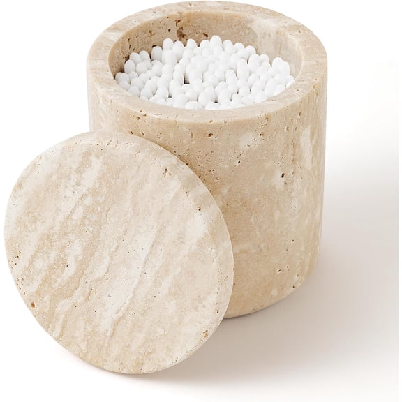 Travertine Qtip Holder Dispenser with Lid for Cotton Swabs,Balls,Pads,Floss Picks Large Capacity Marble Apothecary Jar for Bathroom Essentials Decor, Vanity Makeup Storage Organizer Beige(WH050)