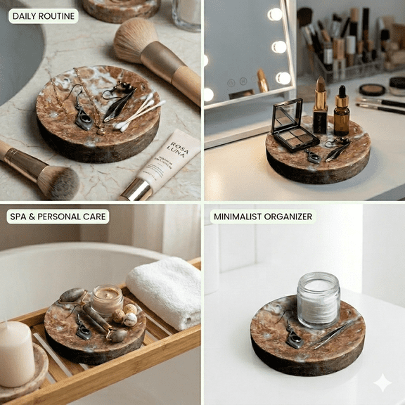 Travertine Round Decorative Tray Perfect for Countertop, Bathroom, Kitchen & Dresser, Red