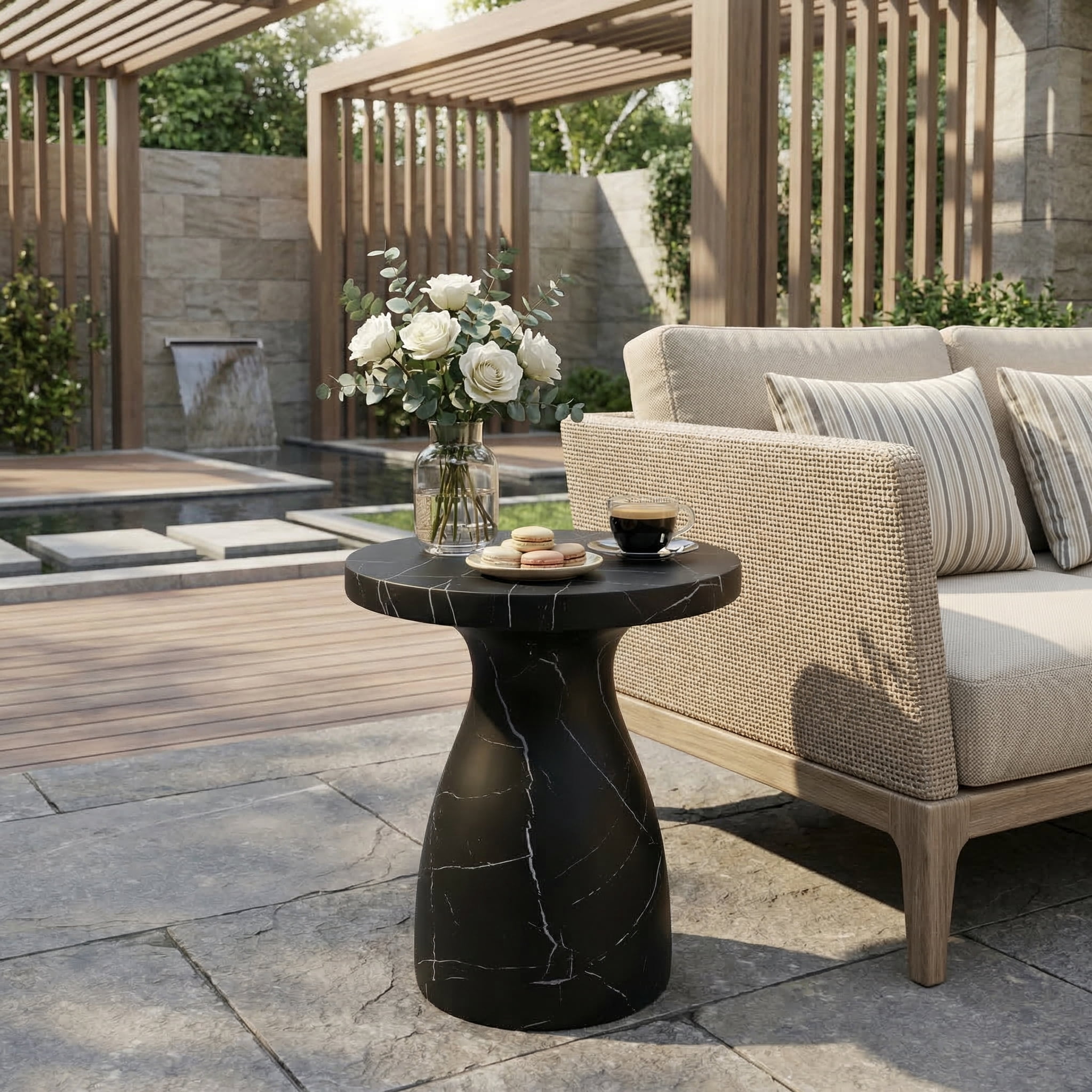 Travertine Side Table, Outdoor Light Weight Concrete End Table for Patio Garden, Black Marble
